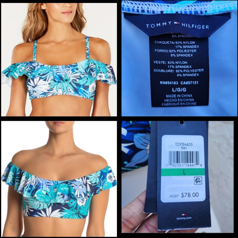 New LARGE fit MEDIUM ? women TOMMY HILFIGER ruffle off shoulder bikini swim top